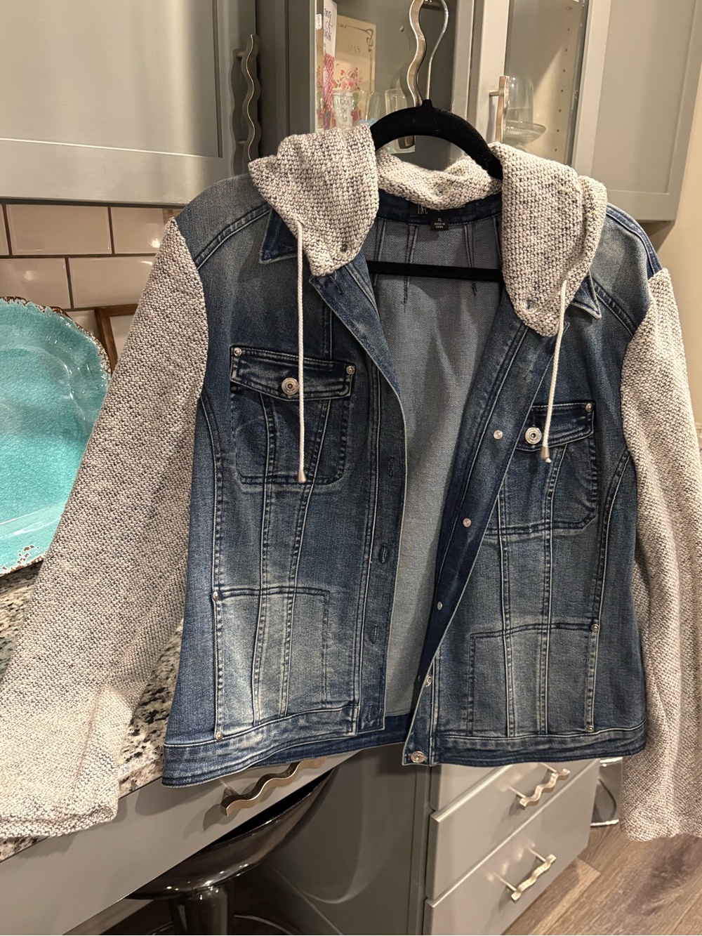 NWOT Denim Jacket with Gray Contrast Sleeves and Hood